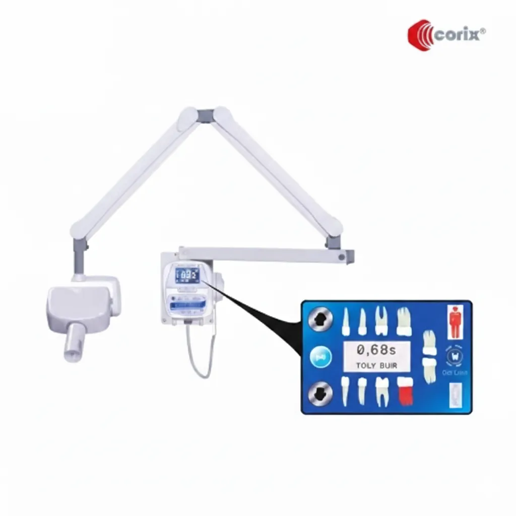 Equipo Corix con pantalla táctil para radiografías periapicales, ilustrando claramente cómo los equipos Corix® mejoran la seguridad y precisión en rayos X.
